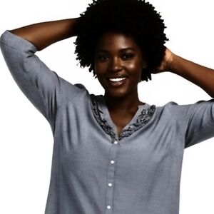 Lightweight MERONA Cotton Chambray Ruffle V-Neck Long Sleeve Button Down XL